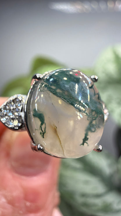 Natural Moss Agate Cabochon Ring Size 10 in 316L Stainless Steel- 10x12mm Oval Gemstone