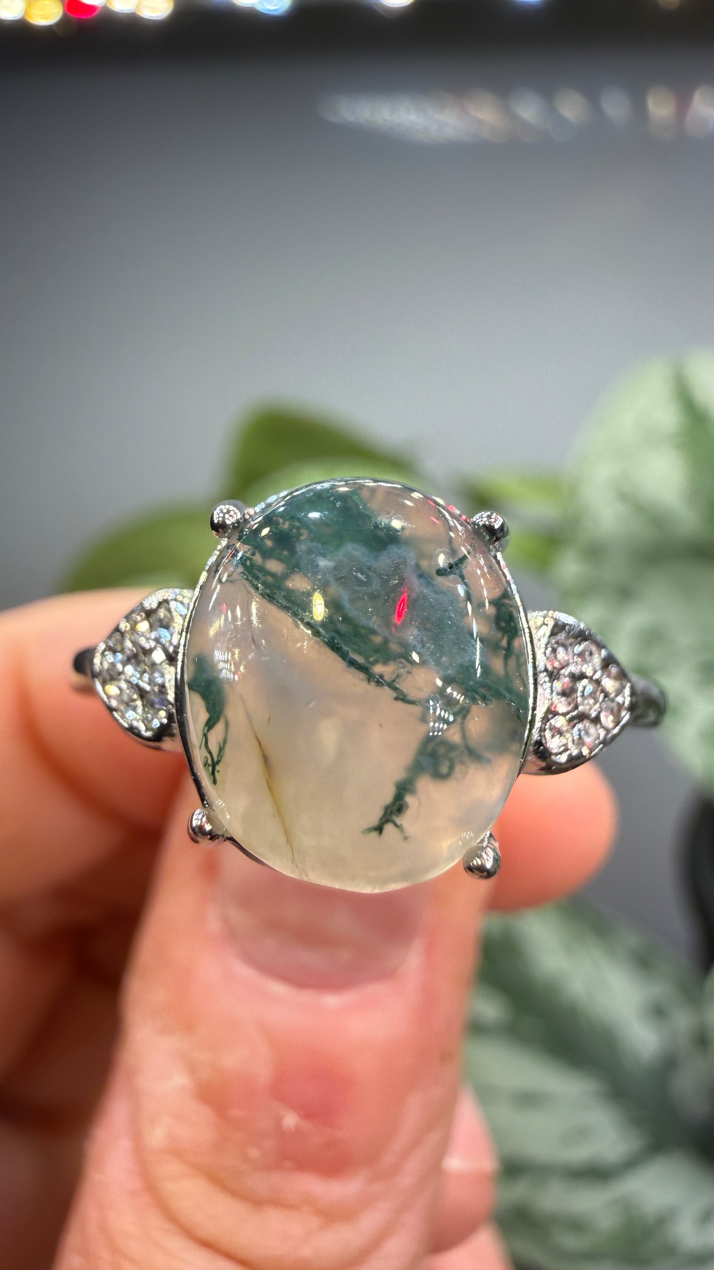 Natural Moss Agate Cabochon Ring Size 10 in 316L Stainless Steel- 10x12mm Oval Gemstone