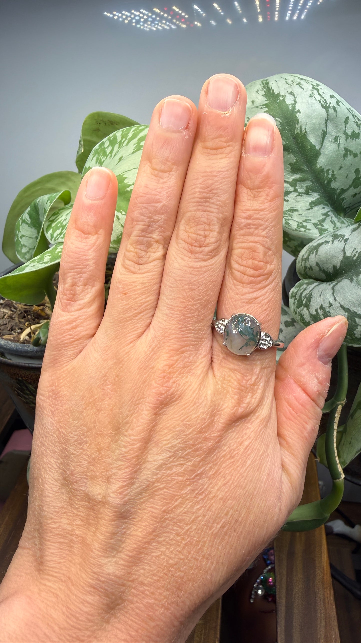 Natural Moss Agate Cabochon Ring Size 10 in 316L Stainless Steel- 10x12mm Oval Gemstone
