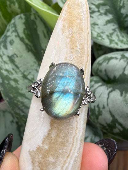 Labradorite Cabochon Ring Size 9 in 316L Stainless Steel- 12x16mm Natural Gemstone