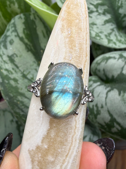 Labradorite Cabochon Ring Size 9 in 316L Stainless Steel- 12x16mm Natural Gemstone