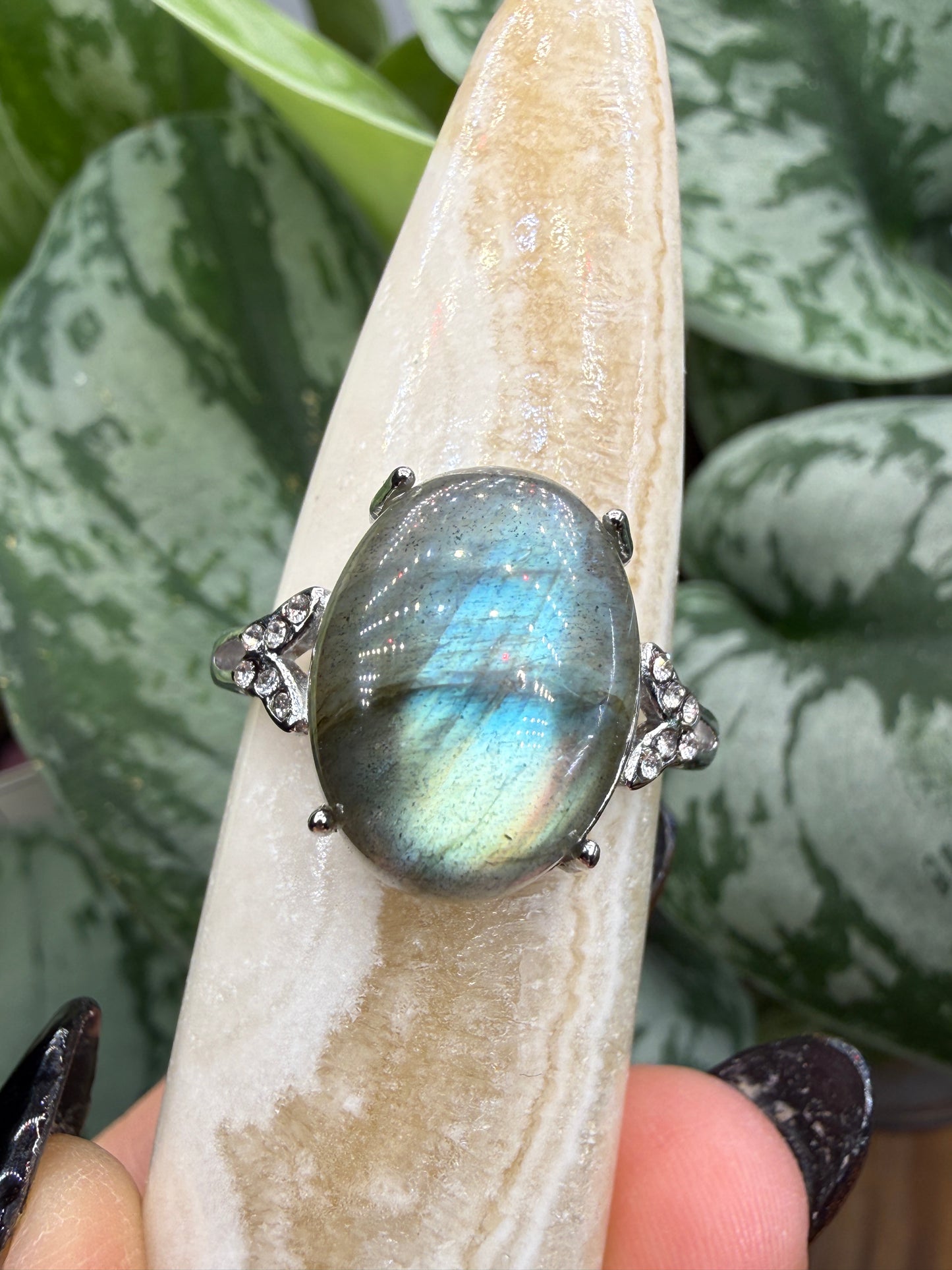Labradorite Cabochon Ring Size 9 in 316L Stainless Steel- 12x16mm Natural Gemstone