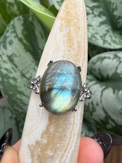 Labradorite Cabochon Ring Size 9 in 316L Stainless Steel- 12x16mm Natural Gemstone
