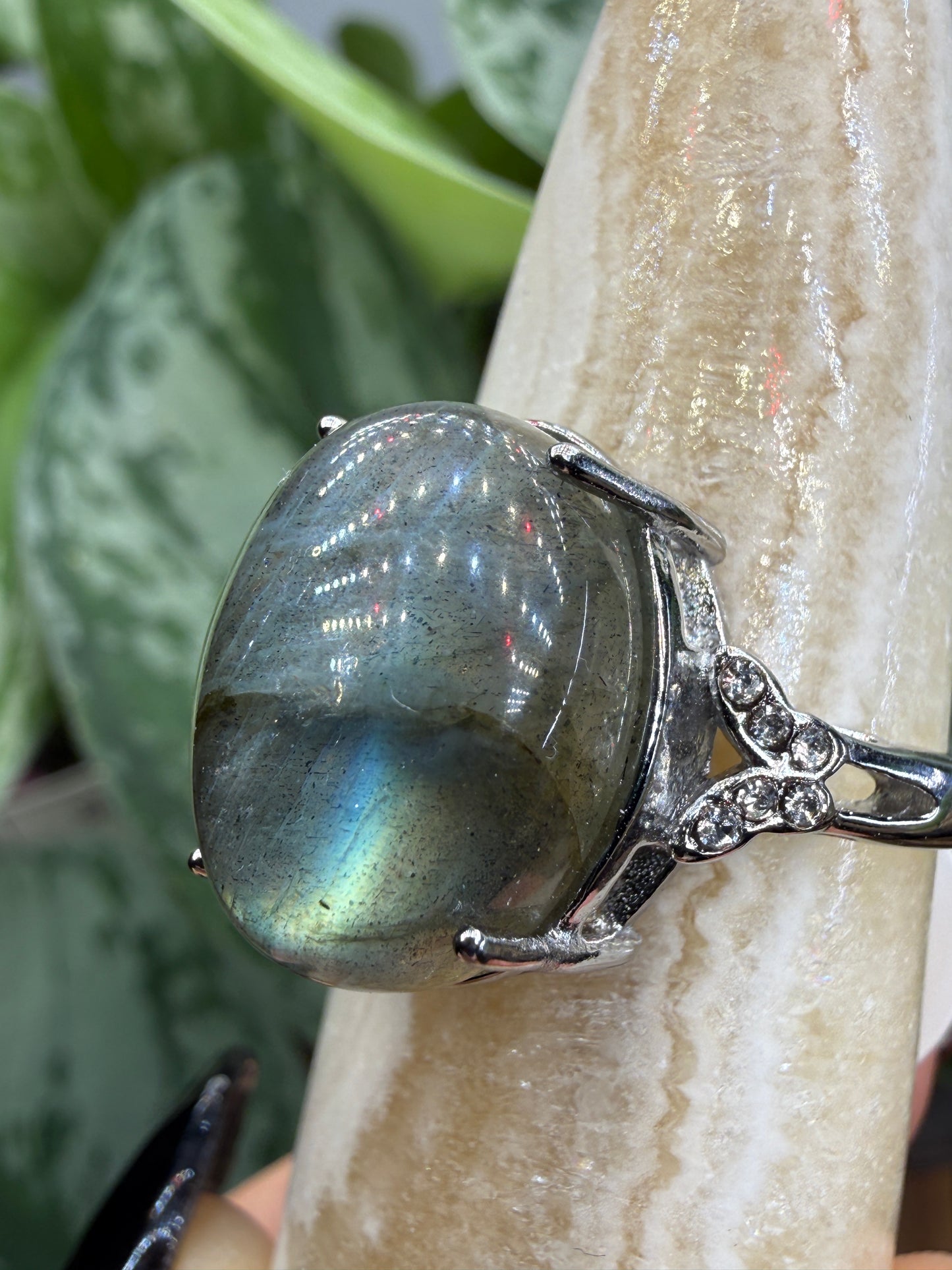Labradorite Cabochon Ring Size 9 in 316L Stainless Steel- 12x16mm Natural Gemstone
