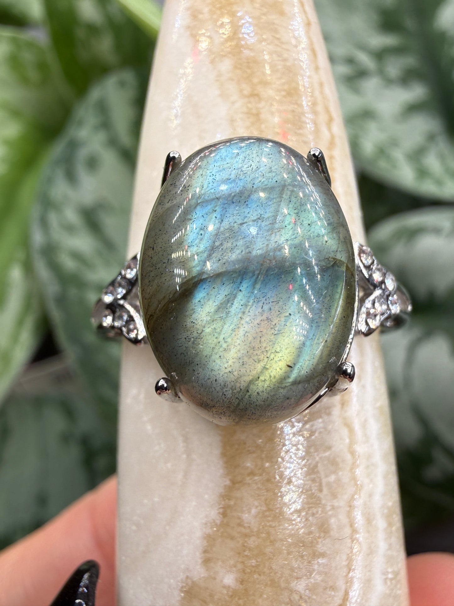 Labradorite Cabochon Ring Size 9 in 316L Stainless Steel- 12x16mm Natural Gemstone