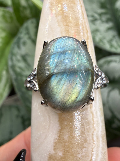 Labradorite Cabochon Ring Size 9 in 316L Stainless Steel- 12x16mm Natural Gemstone