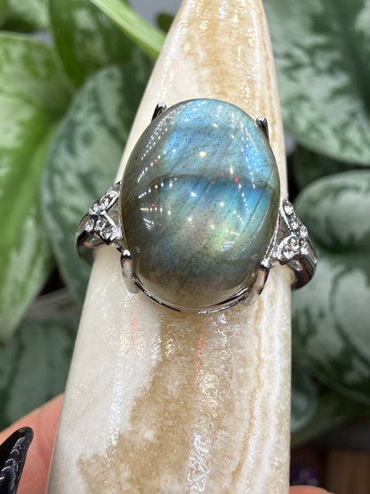 Labradorite Cabochon Ring Size 9 in 316L Stainless Steel- 12x16mm Natural Gemstone
