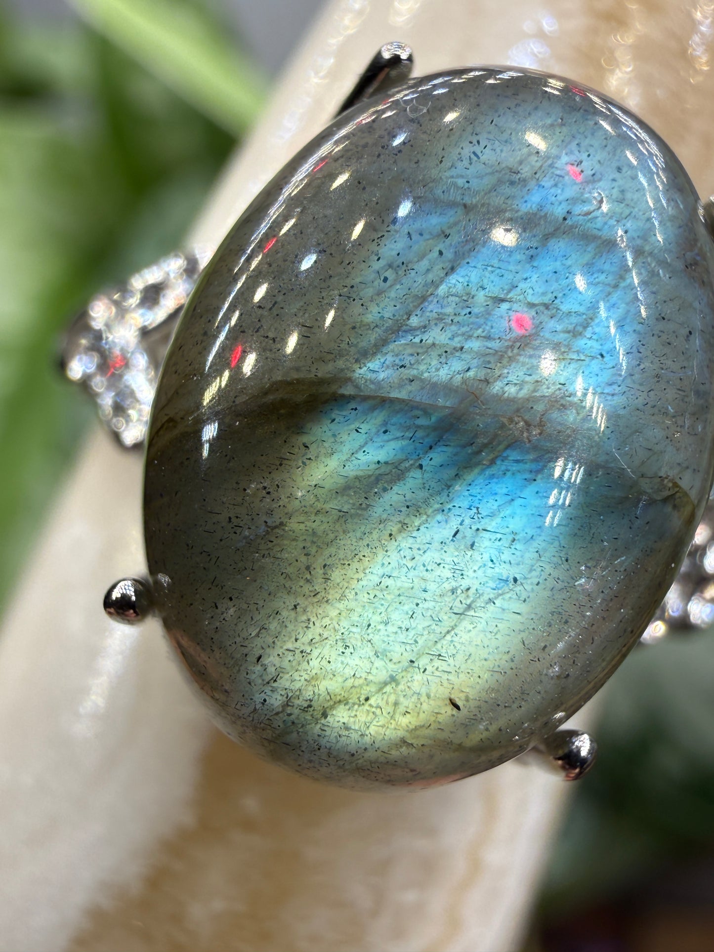 Labradorite Cabochon Ring Size 9 in 316L Stainless Steel- 12x16mm Natural Gemstone