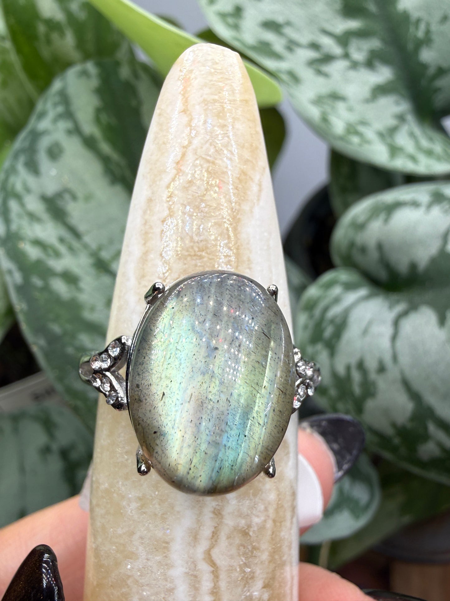 Labradorite Cabochon Ring Size 8 in 316L Stainless Steel- 12x16mm Natural Gemstone