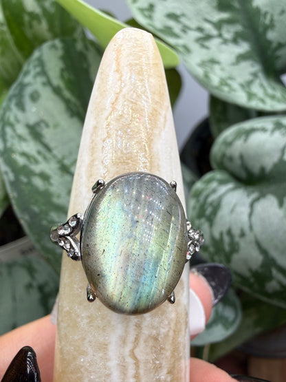 Labradorite Cabochon Ring Size 8 in 316L Stainless Steel- 12x16mm Natural Gemstone