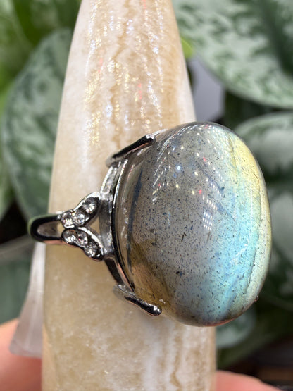Labradorite Cabochon Ring Size 8 in 316L Stainless Steel- 12x16mm Natural Gemstone