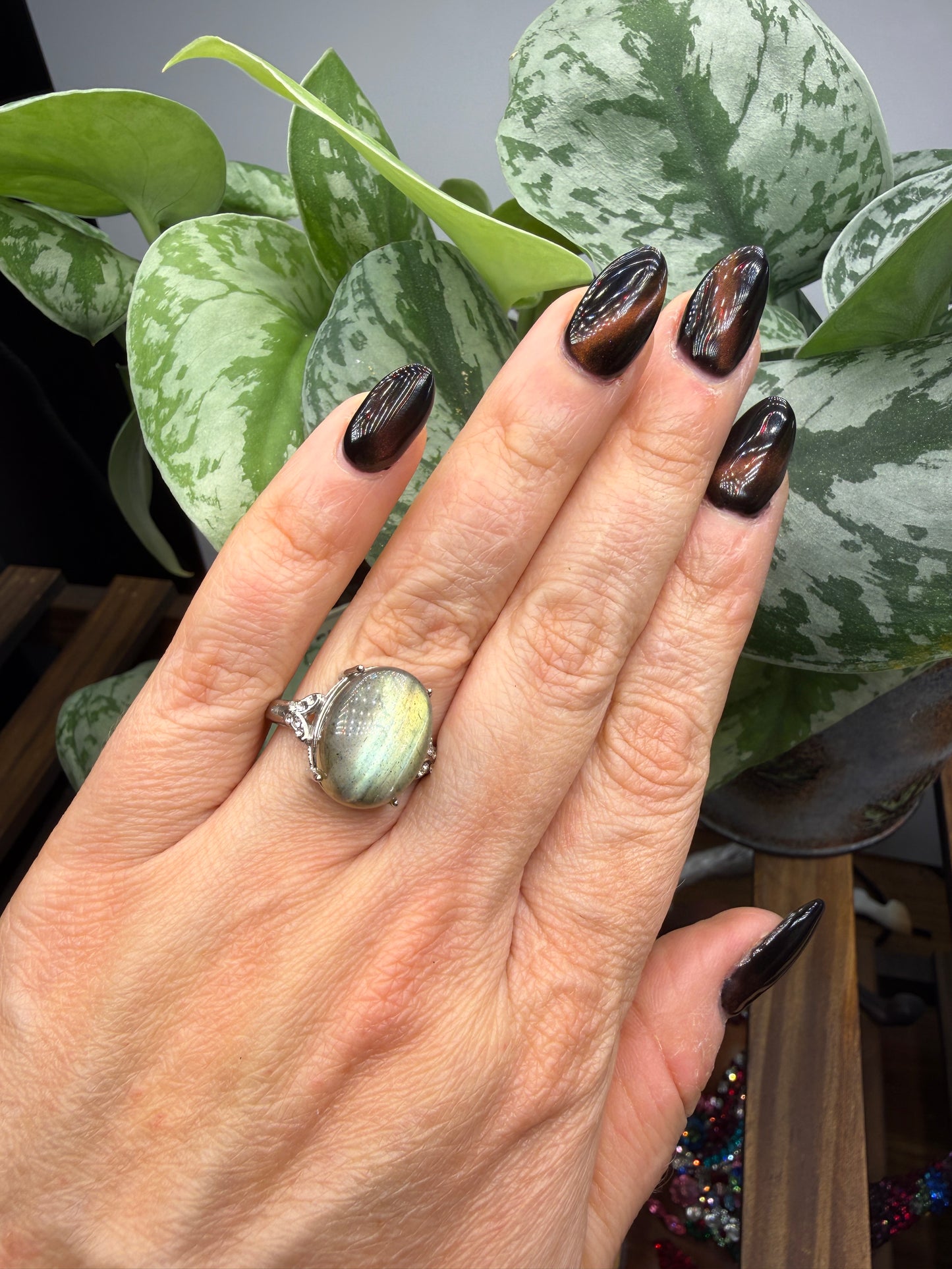 Labradorite Cabochon Ring Size 8 in 316L Stainless Steel- 12x16mm Natural Gemstone