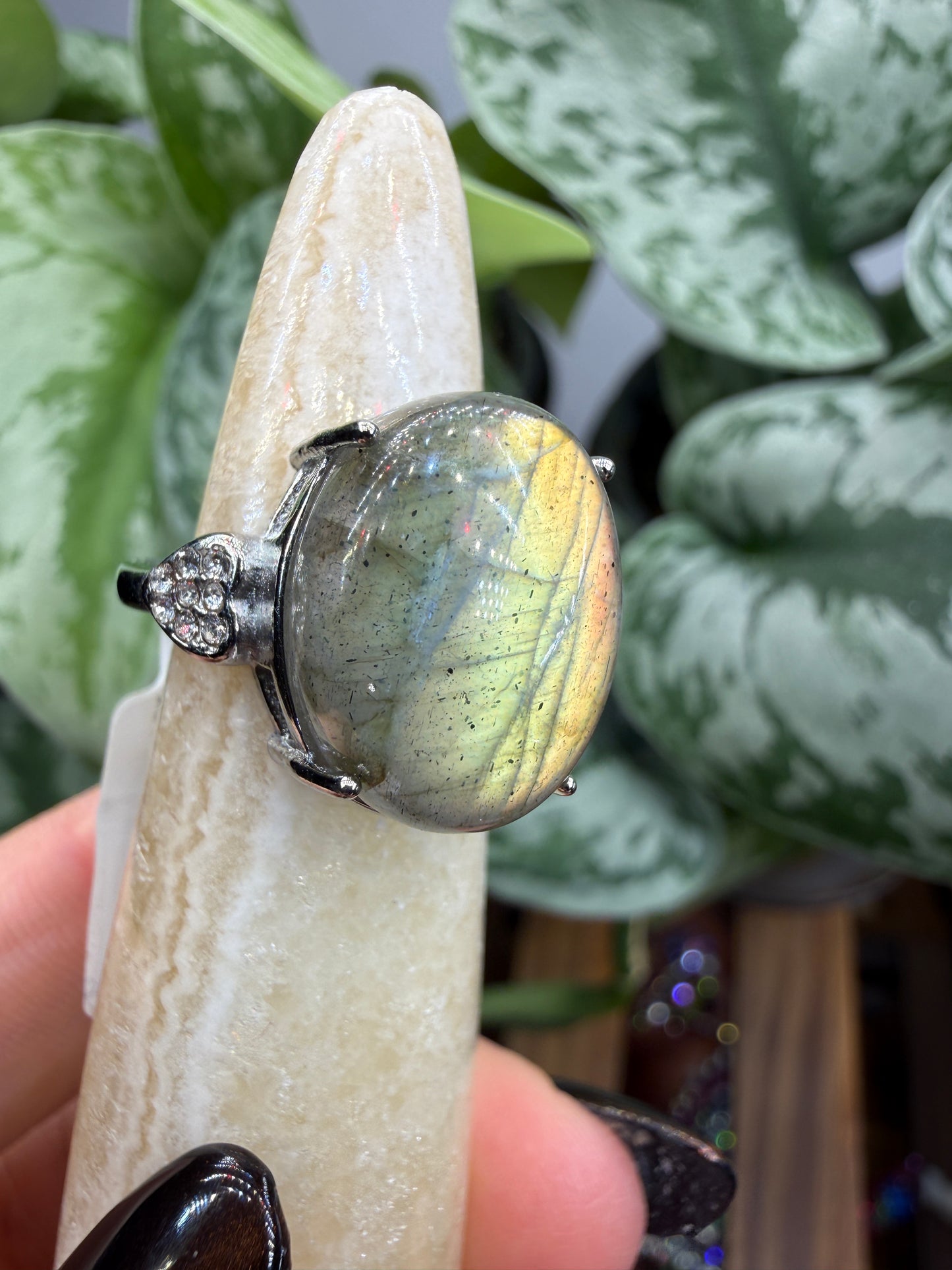 Labradorite Cabochon Ring Size 6 in 316L Stainless Steel- 12x16mm Natural Gemstone