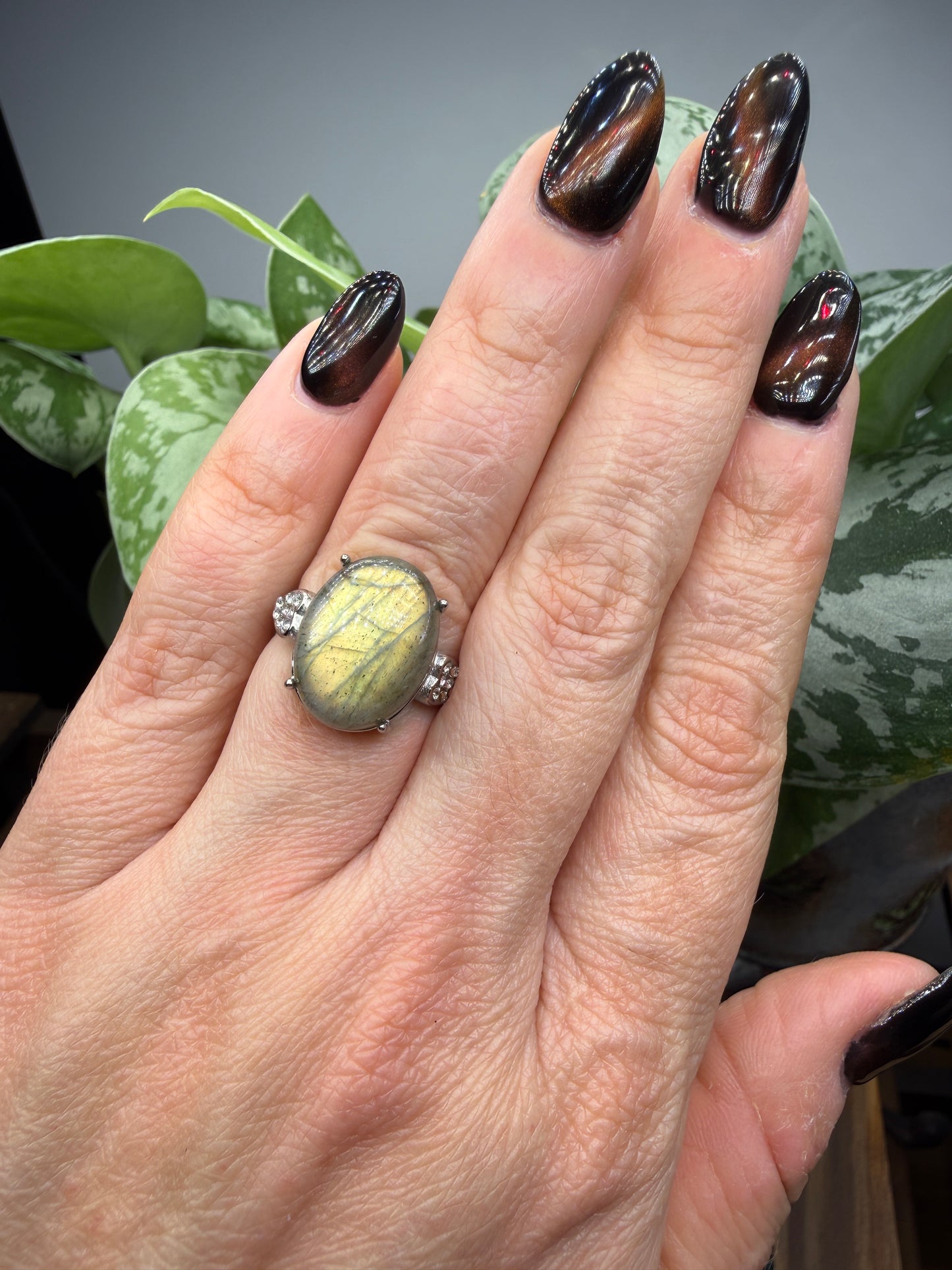 Labradorite Cabochon Ring Size 6 in 316L Stainless Steel- 12x16mm Natural Gemstone