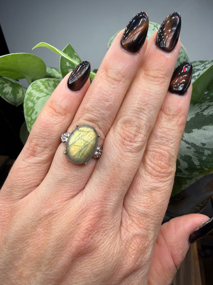 Labradorite Cabochon Ring Size 6 in 316L Stainless Steel- 12x16mm Natural Gemstone