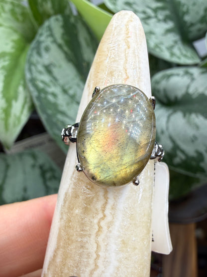 Labradorite Cabochon Ring Size 7 in 316L Stainless Steel- 12x16mm Natural Gemstone