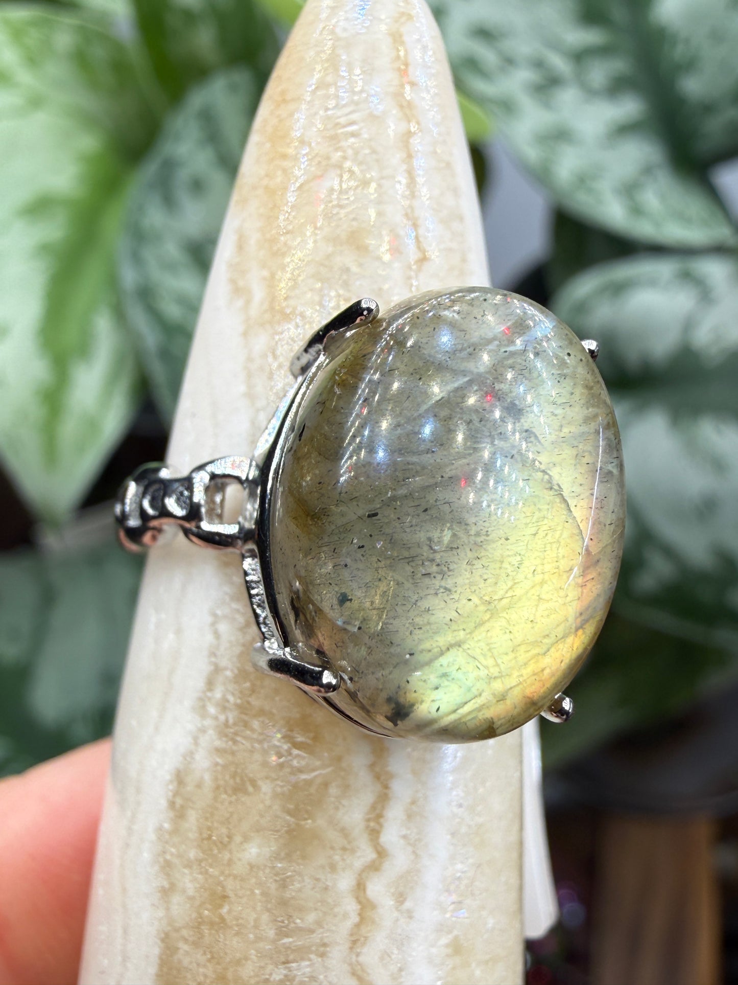 Labradorite Cabochon Ring Size 7 in 316L Stainless Steel- 12x16mm Natural Gemstone