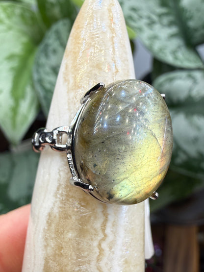 Labradorite Cabochon Ring Size 7 in 316L Stainless Steel- 12x16mm Natural Gemstone