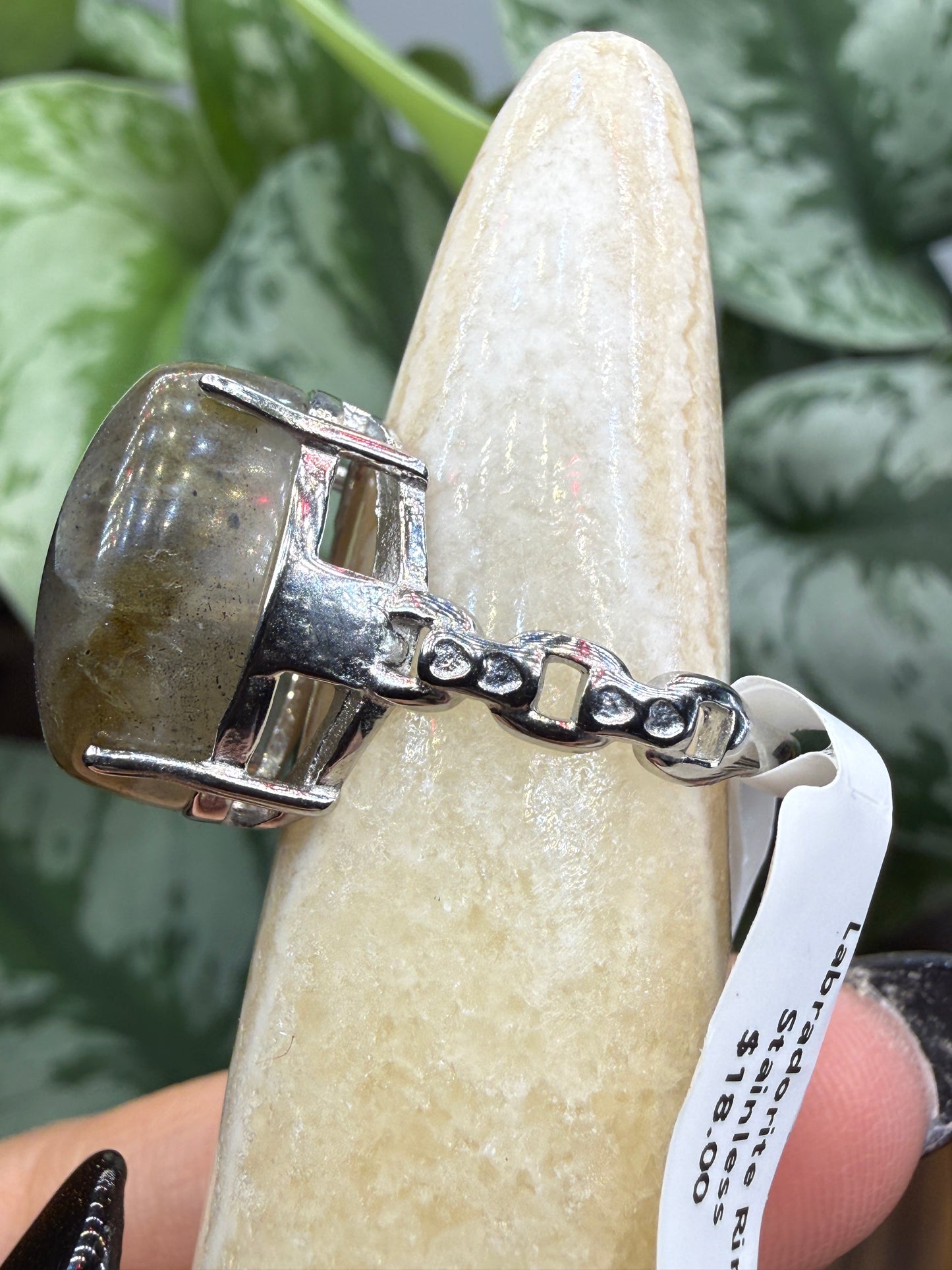 Labradorite Cabochon Ring Size 7 in 316L Stainless Steel- 12x16mm Natural Gemstone