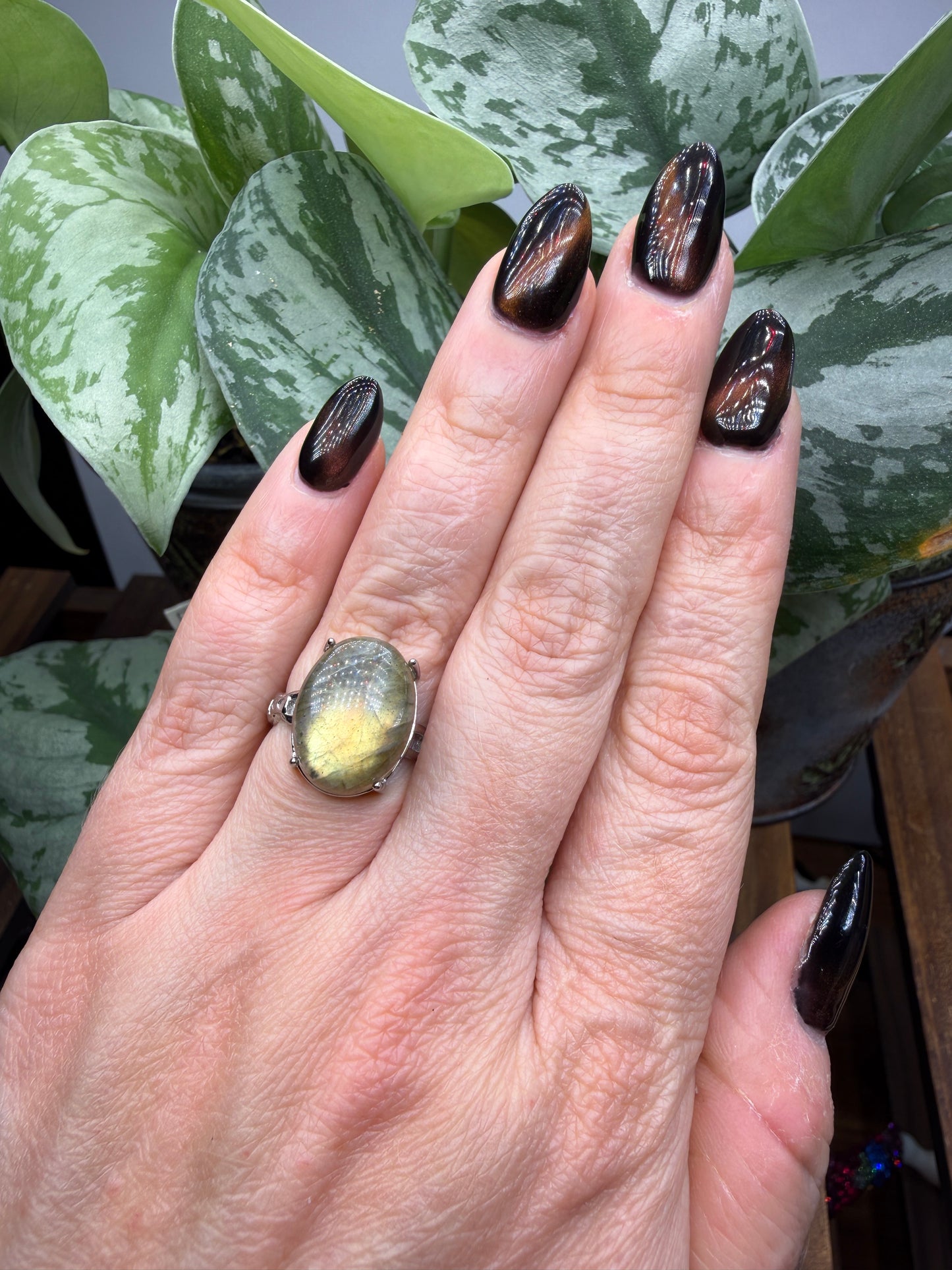 Labradorite Cabochon Ring Size 7 in 316L Stainless Steel- 12x16mm Natural Gemstone