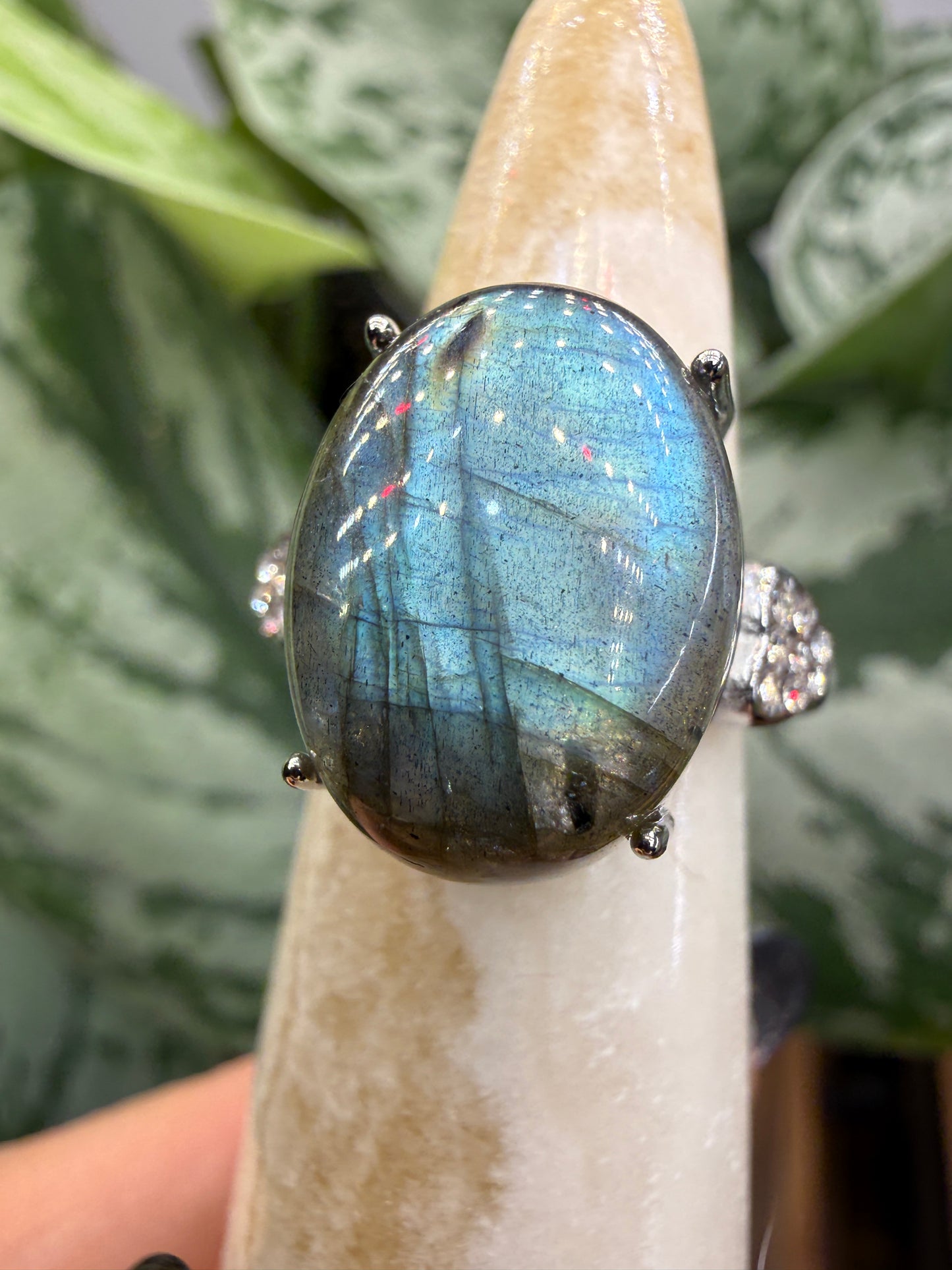 Labradorite Cabochon Ring Size 7 in 316L Stainless Steel- 12x16mm Natural Gemstone