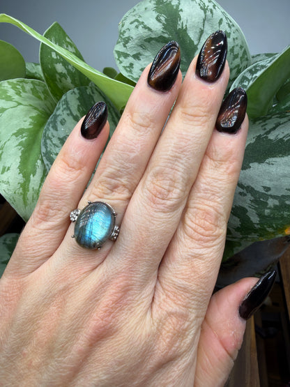 Labradorite Cabochon Ring Size 7 in 316L Stainless Steel- 12x16mm Natural Gemstone