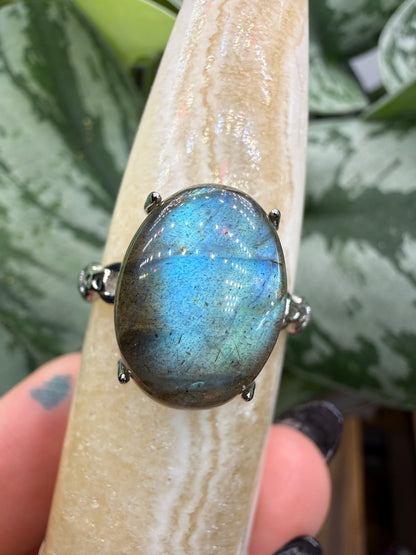 Labradorite Cabochon Ring Size 10 in 316L Stainless Steel- 12x16mm Natural Gemstone
