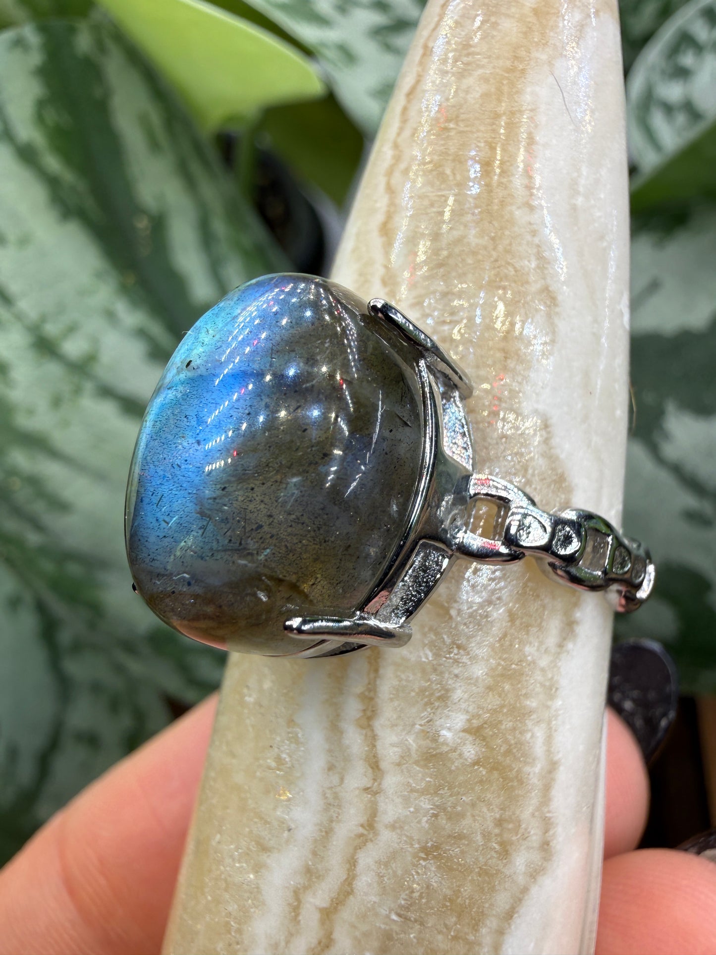 Labradorite Cabochon Ring Size 10 in 316L Stainless Steel- 12x16mm Natural Gemstone