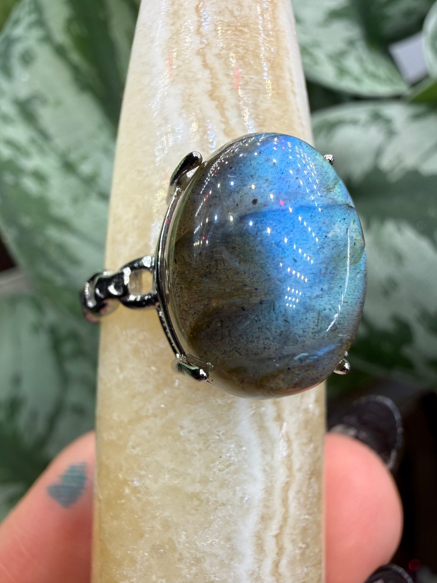 Labradorite Cabochon Ring Size 10 in 316L Stainless Steel- 12x16mm Natural Gemstone