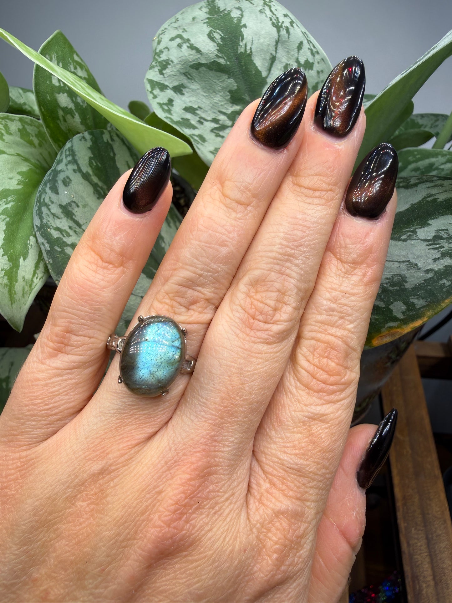 Labradorite Cabochon Ring Size 10 in 316L Stainless Steel- 12x16mm Natural Gemstone
