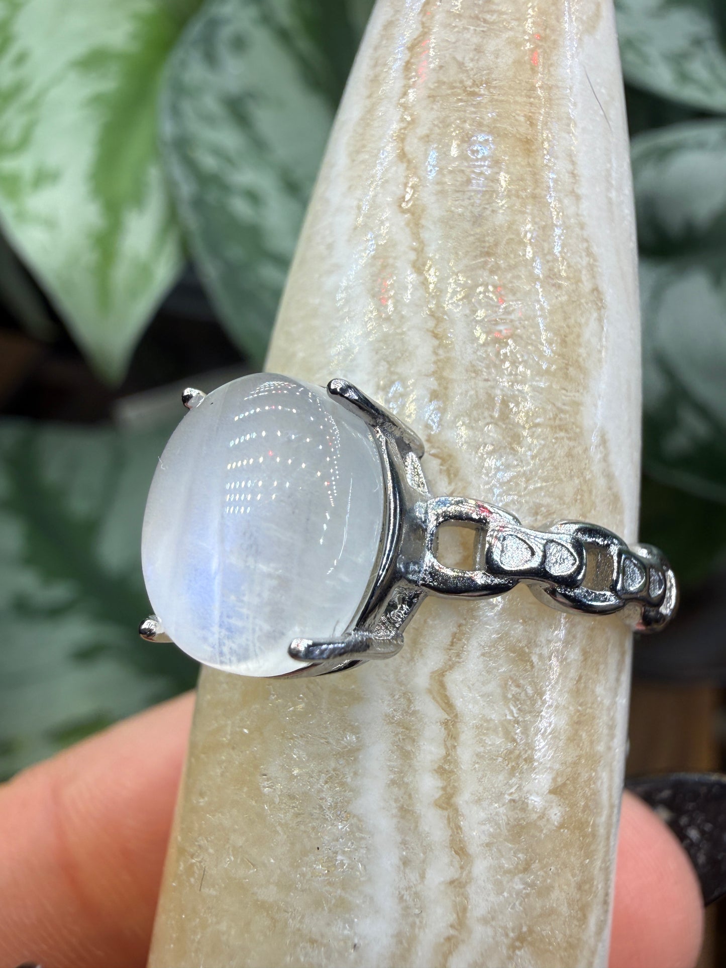 Natural Moonstone Cabochon Ring Size 10 in 316L Stainless Steel- 4x6mm Gemstone