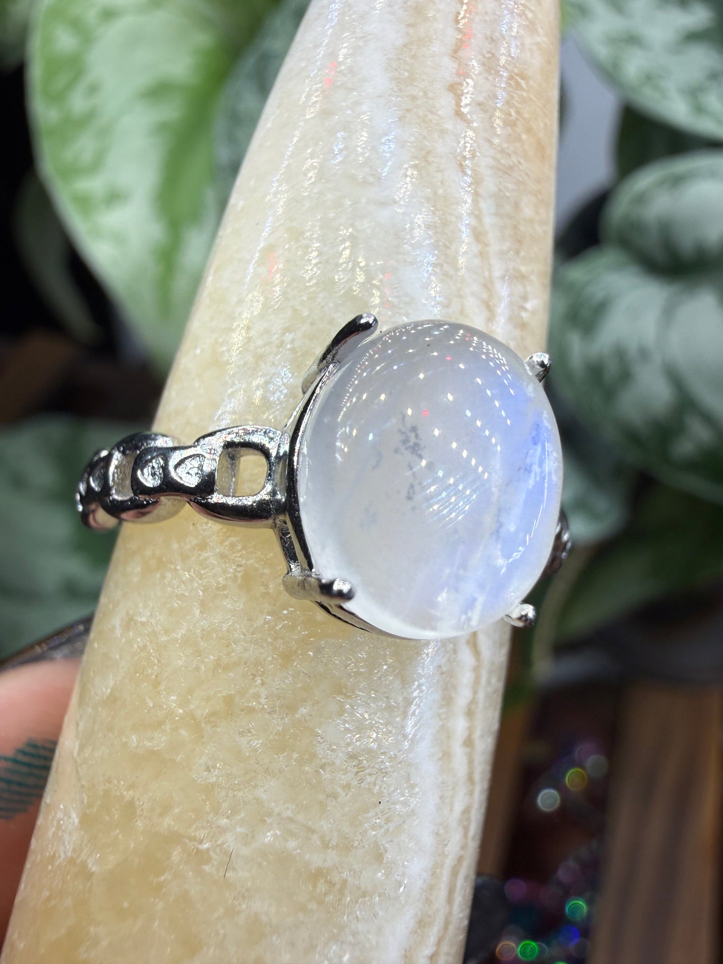 Natural Moonstone Cabochon Ring Size 10 in 316L Stainless Steel- 4x6mm Gemstone