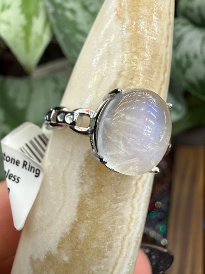 Natural Moonstone Cabochon Ring Size 9 in 316L Stainless Steel- 4x6mm Gemstone