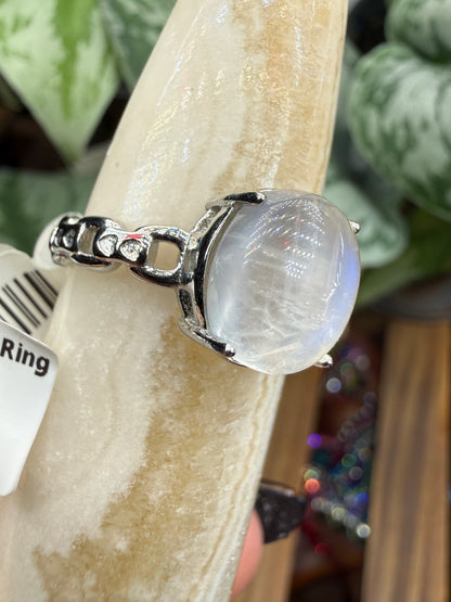 Natural Moonstone Cabochon Ring Size 9 in 316L Stainless Steel- 4x6mm Gemstone
