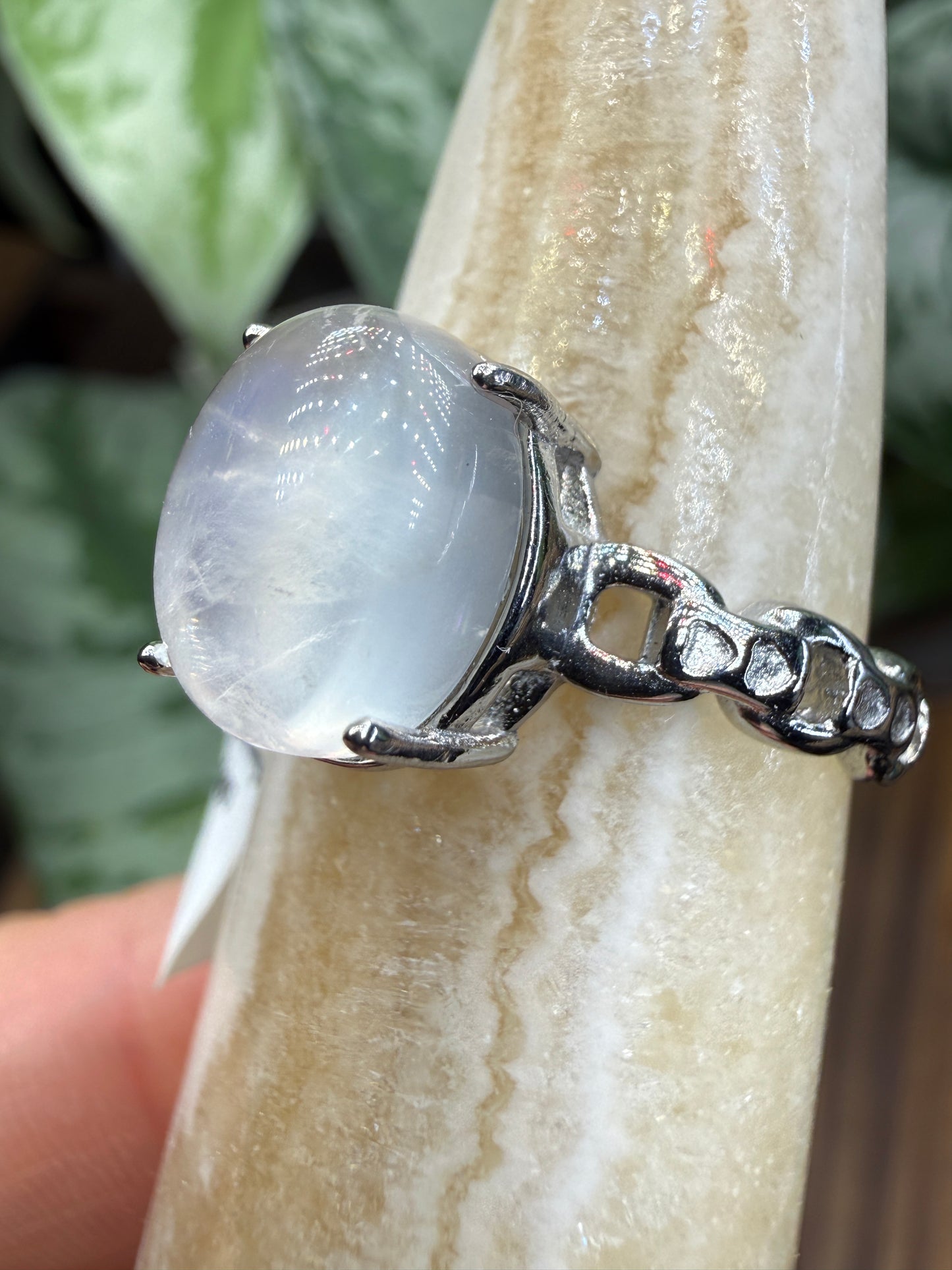 Natural Moonstone Cabochon Ring Size 9 in 316L Stainless Steel- 4x6mm Gemstone