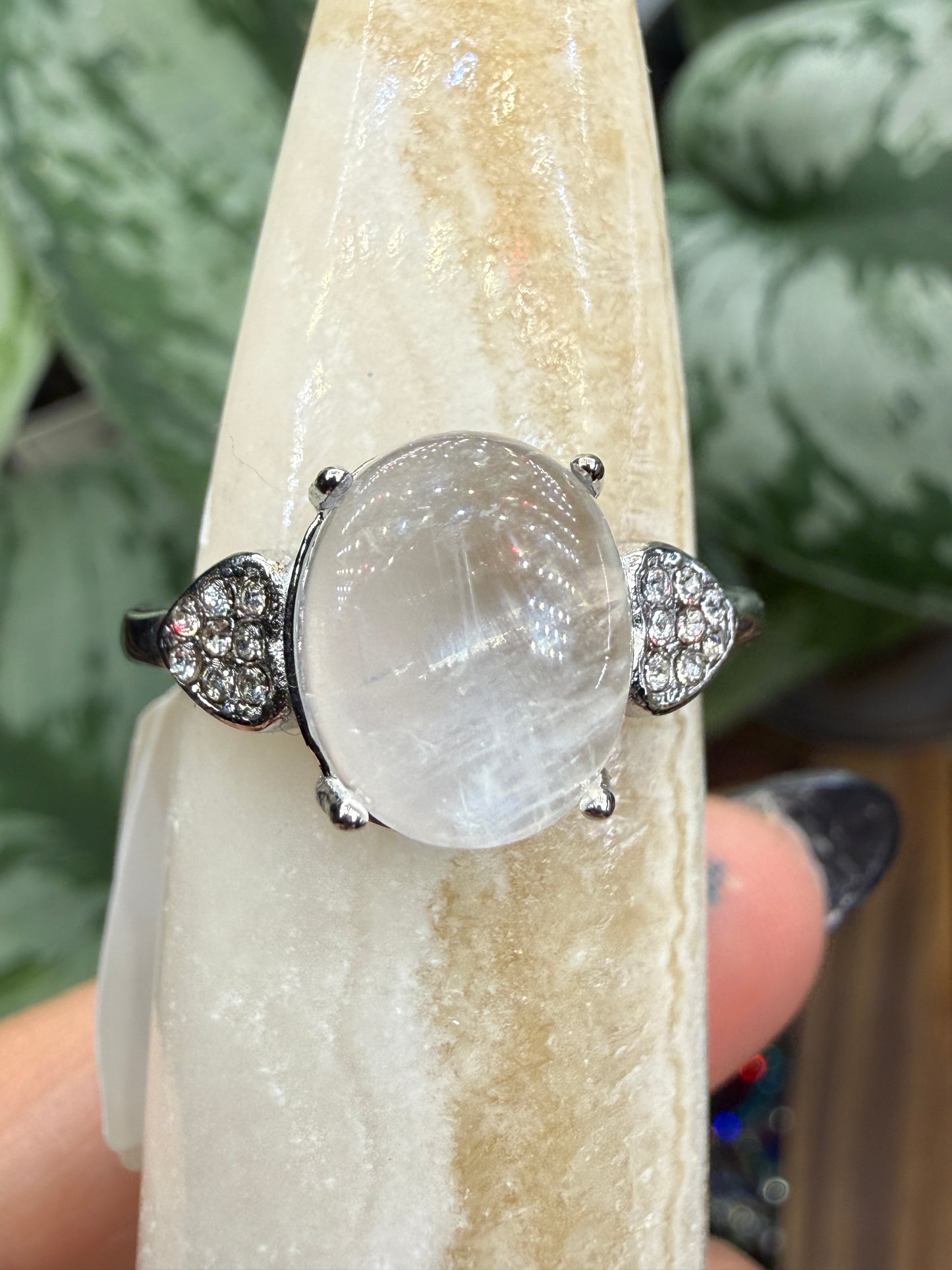 Natural Moonstone Cabochon Ring Size 8 in 316L Stainless Steel- 4x6mm Gemstone
