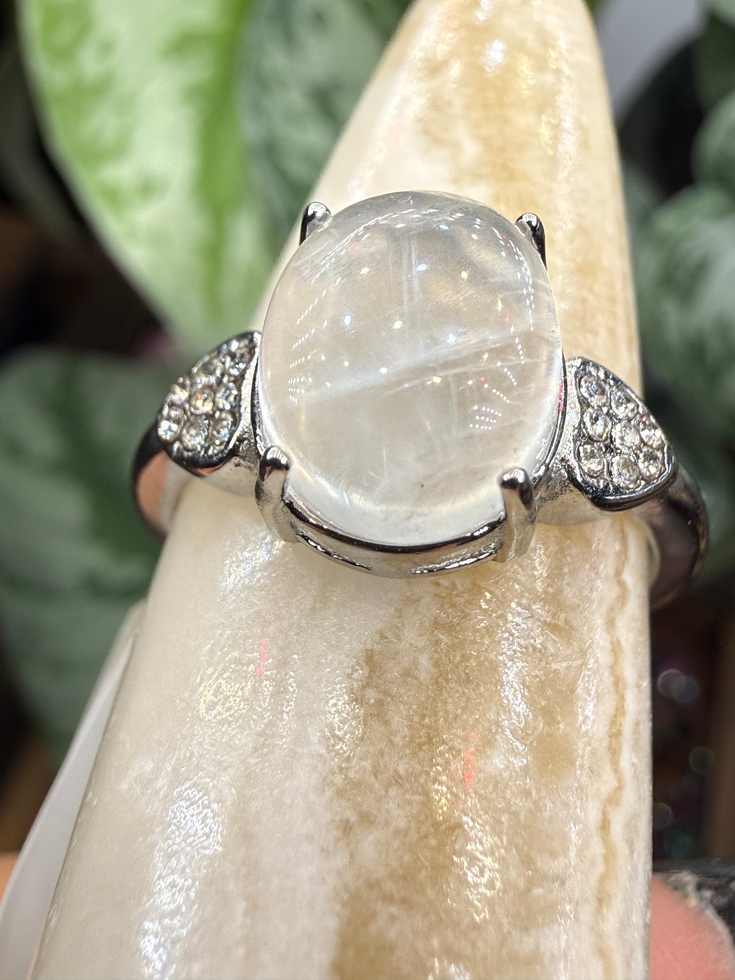 Natural Moonstone Cabochon Ring Size 8 in 316L Stainless Steel- 4x6mm Gemstone