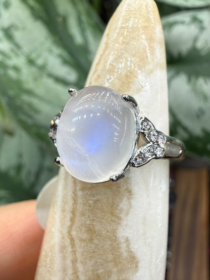 Natural Moonstone Cabochon Ring Size 6 in 316L Stainless Steel- 4x6mm Gemstone