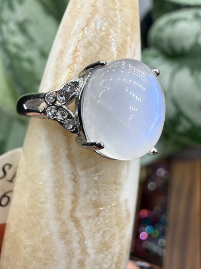 Natural Moonstone Cabochon Ring Size 6 in 316L Stainless Steel- 4x6mm Gemstone