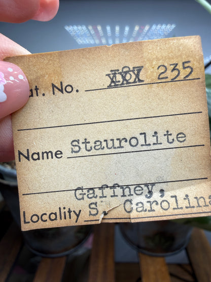 Staurolite- Four Specimens in Vintage Vial- Gaffney, Cherokee County, South Carolina, USA
