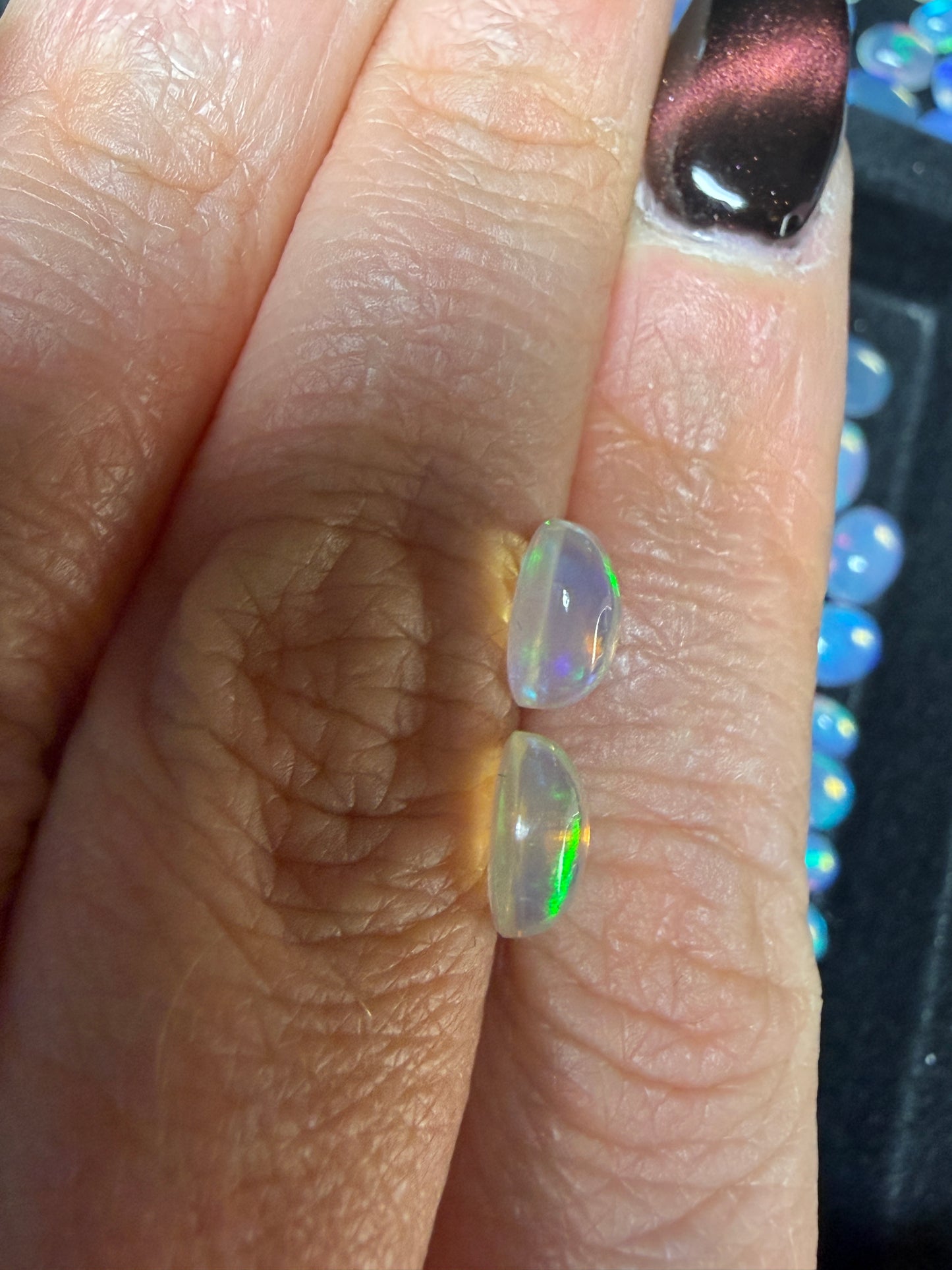 MATCHED PAIR! Natural Welo Opal Cabochon 8x6x4mm, 1.8ct total- Broadflash, directional flash
