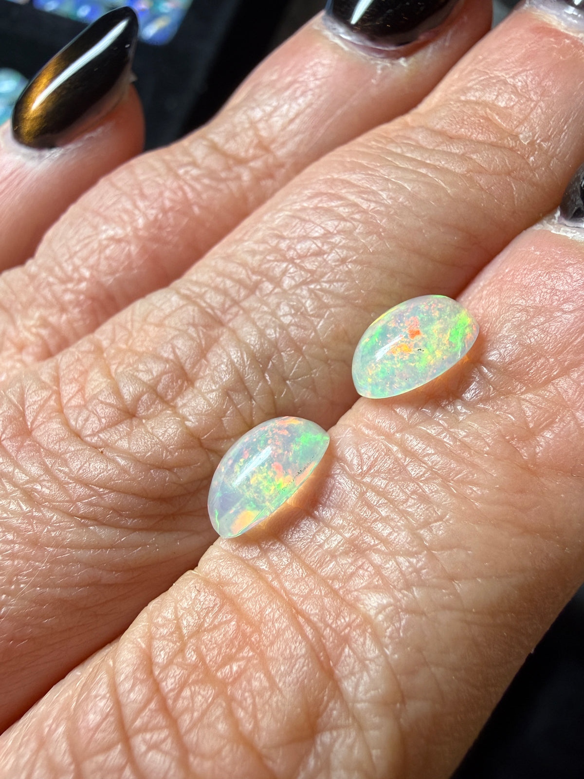 WOW-MATCHED PAIR! Natural Welo Opal Cabochon 8x6x4mm, 1.6ct total- Broadflash/floral/painterly, reds!