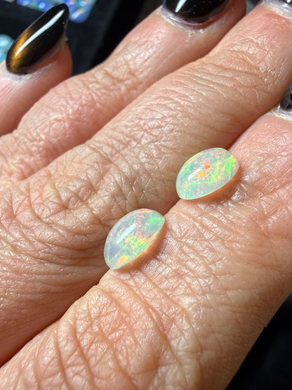 WOW-MATCHED PAIR! Natural Welo Opal Cabochon 8x6x4mm, 1.6ct total- Broadflash/floral/painterly, reds!