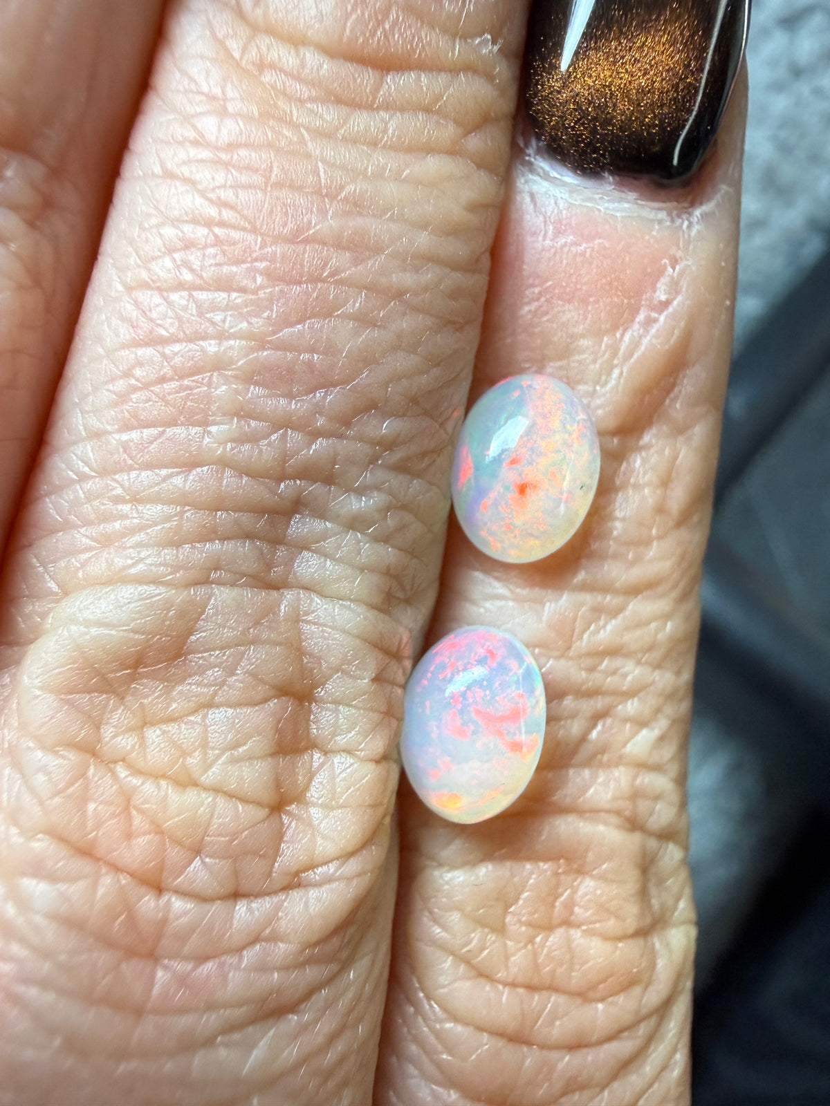 WOW-MATCHED PAIR! Natural Welo Opal Cabochon 8x6x4mm, 1.6ct total- Broadflash/floral/painterly, reds!