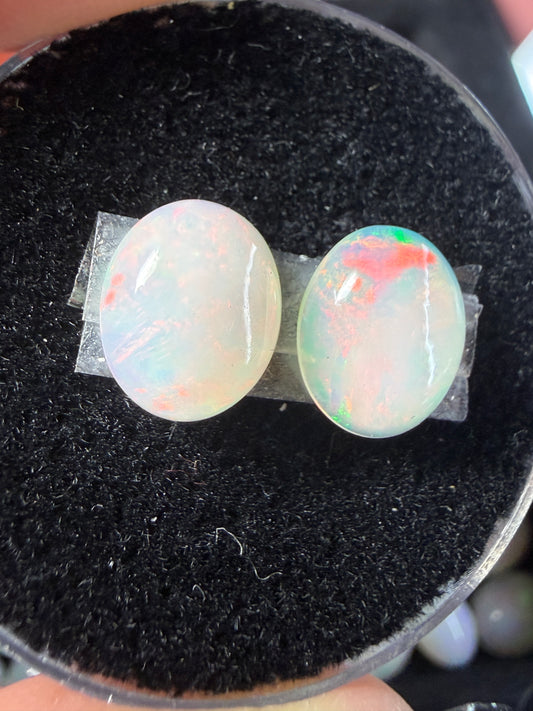 Matched Pair Natural Welo Opal Cabochon 10x8x4mm, 3.0ct total- Broadflash/floral/painterly, reds!
