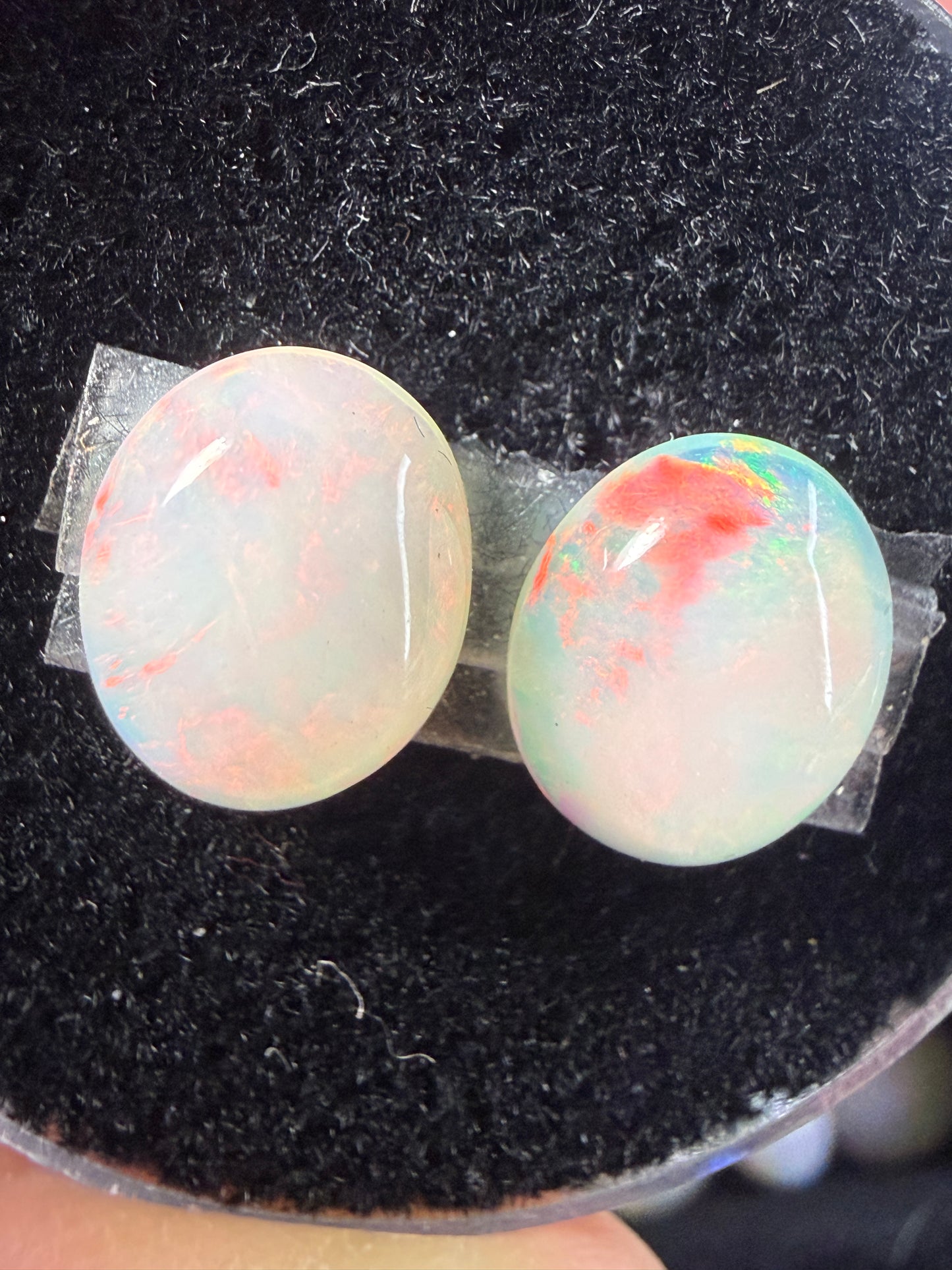 Matched Pair Natural Welo Opal Cabochon 10x8x4mm, 3.0ct total- Broadflash/floral/painterly, reds!