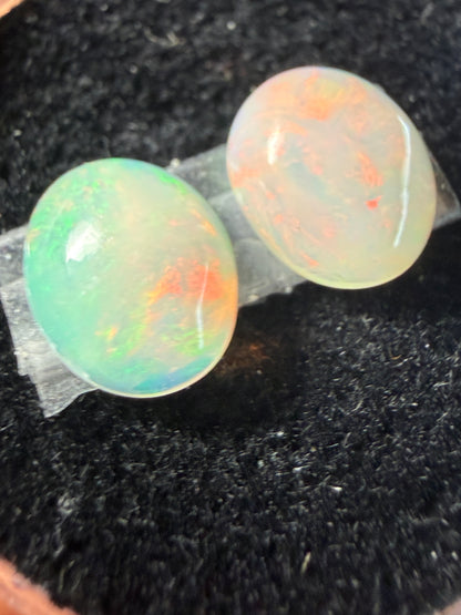 Matched Pair Natural Welo Opal Cabochon 10x8x4mm, 3.0ct total- Broadflash/floral/painterly, reds!
