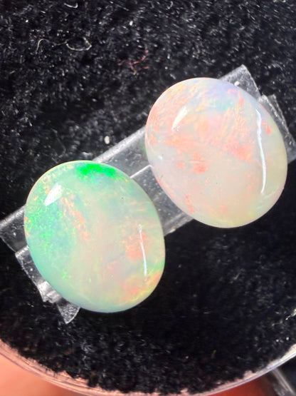 Matched Pair Natural Welo Opal Cabochon 10x8x4mm, 3.0ct total- Broadflash/floral/painterly, reds!