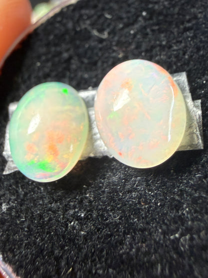 Matched Pair Natural Welo Opal Cabochon 10x8x4mm, 3.0ct total- Broadflash/floral/painterly, reds!