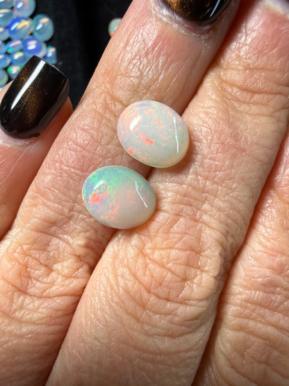 Matched Pair Natural Welo Opal Cabochon 10x8x4mm, 3.0ct total- Broadflash/floral/painterly, reds!